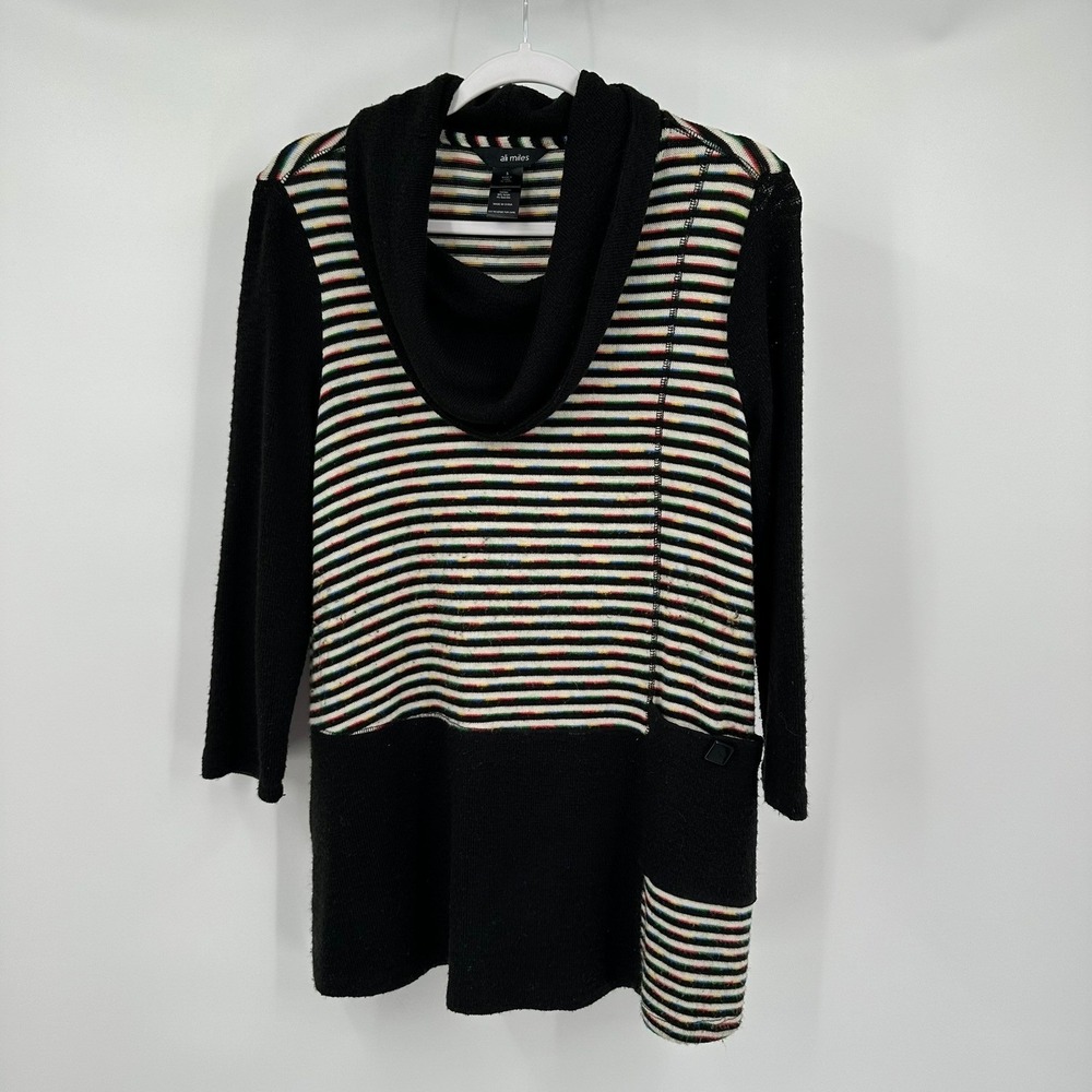 Ali Miles Womens Art To Wear Lagenlook Tunic Top Sz S Eclectic Striped Cowl Neck